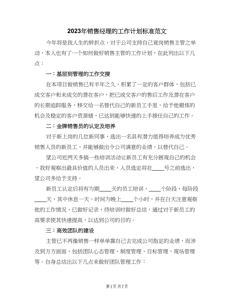 2023年销售经理的工作计划标准范文（3篇）.doc_第1页