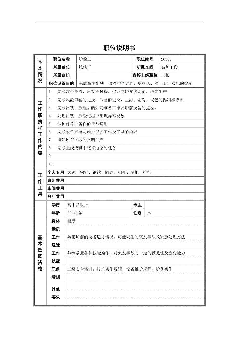 炉前工岗位说明书_第1页