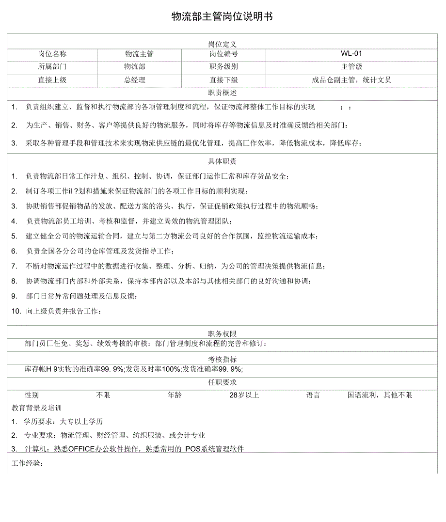 物流部岗位说明书_第1页