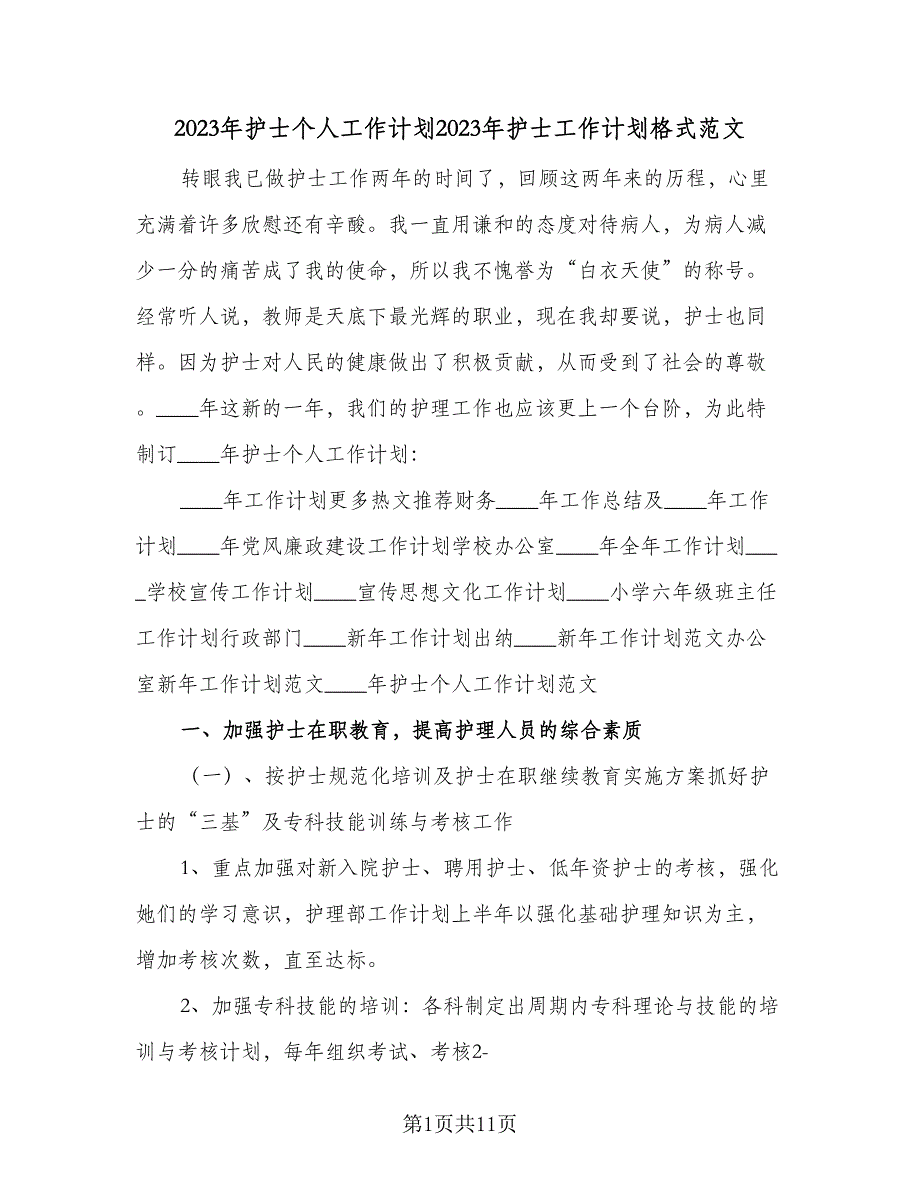 2023年护士个人工作计划2023年护士工作计划格式范文（2篇）.doc_第1页