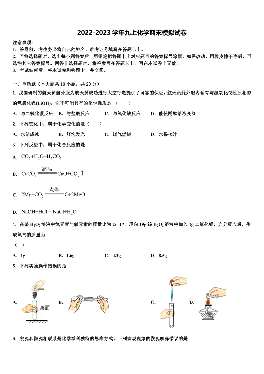 2022年湖南长沙长郡教育集团化学九年级第一学期期末检测模拟试题含解析.doc_第1页