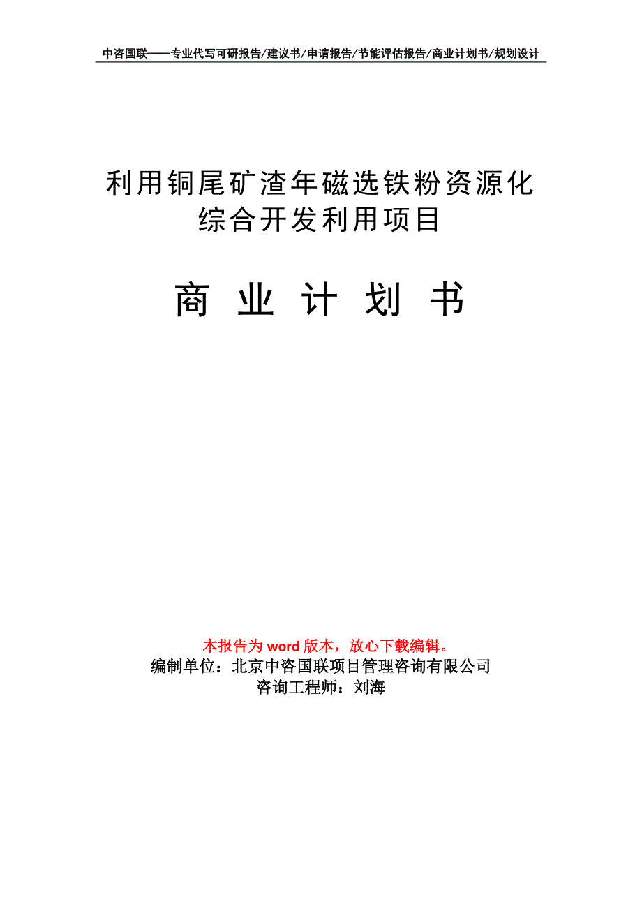 利用铜尾矿渣年磁选铁粉资源化综合开发利用项目商业计划书写作模板_第1页