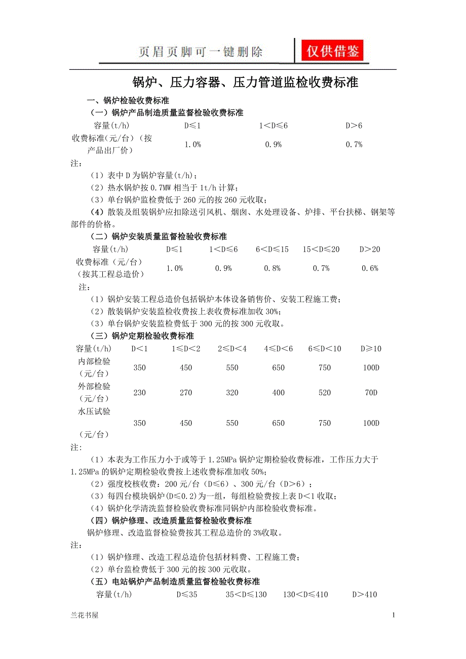 压力管道和容器监检收费标准专业特制_第1页