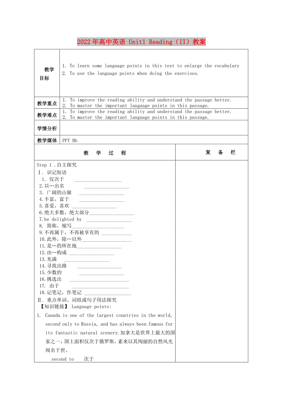 2022年高中英语 Unit1 Reading（II）教案_第1页