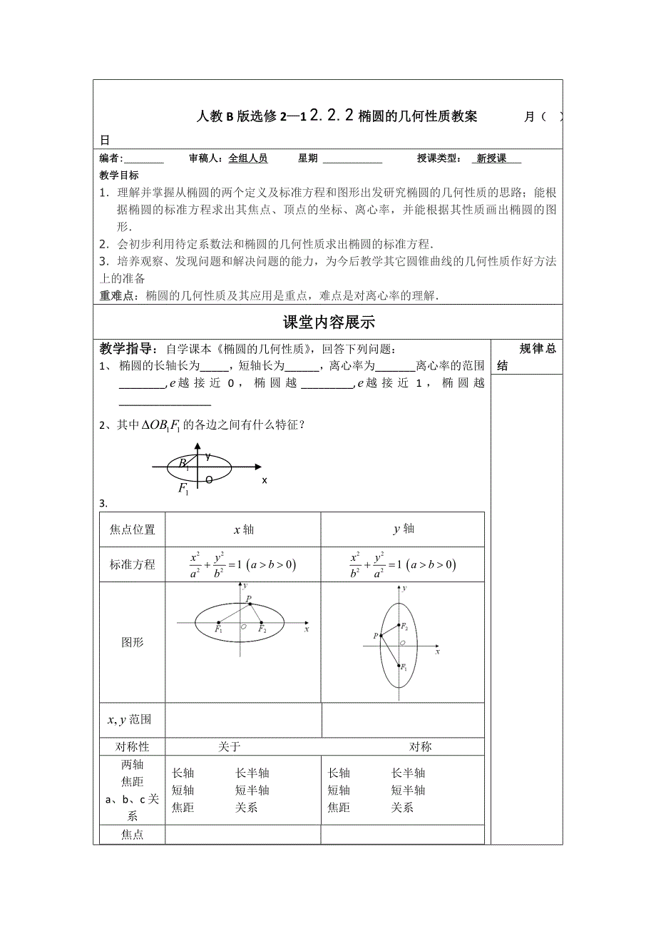 【最新】高二数学人教B版选修21同步教学案：2.2.2椭圆的几何性质_第1页