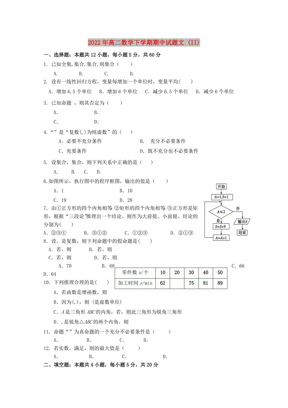 2022年高二数学下学期期中试题文 (II)_第1页