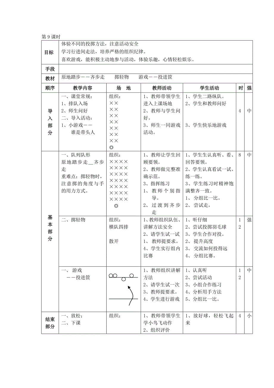 第9课时 原地踏步――齐步走掷轻物游戏――投进筐_第1页