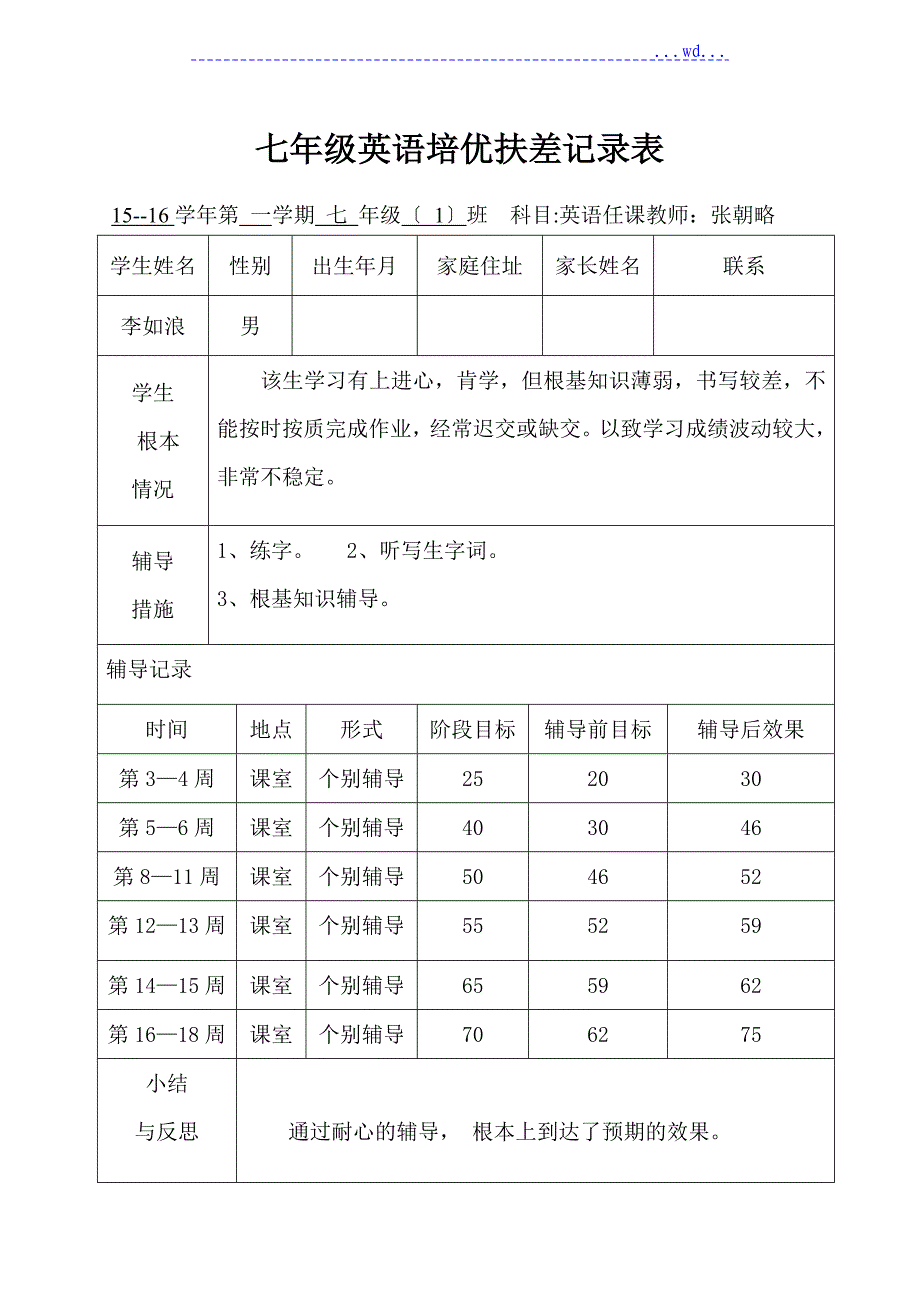 xx中学七年级第一学期英语培优扶差记录表_第3页