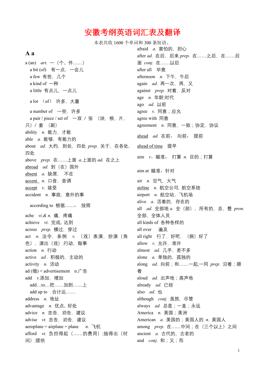 安徽考纲英语词汇表及翻译_第1页