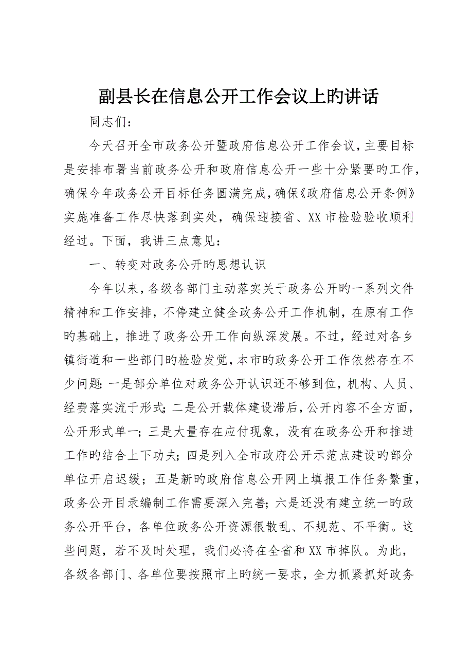 副县长在信息公开工作会议上的致辞_第1页