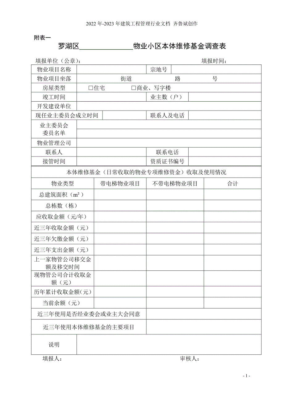 物业小区本体维修基金调查表_第1页