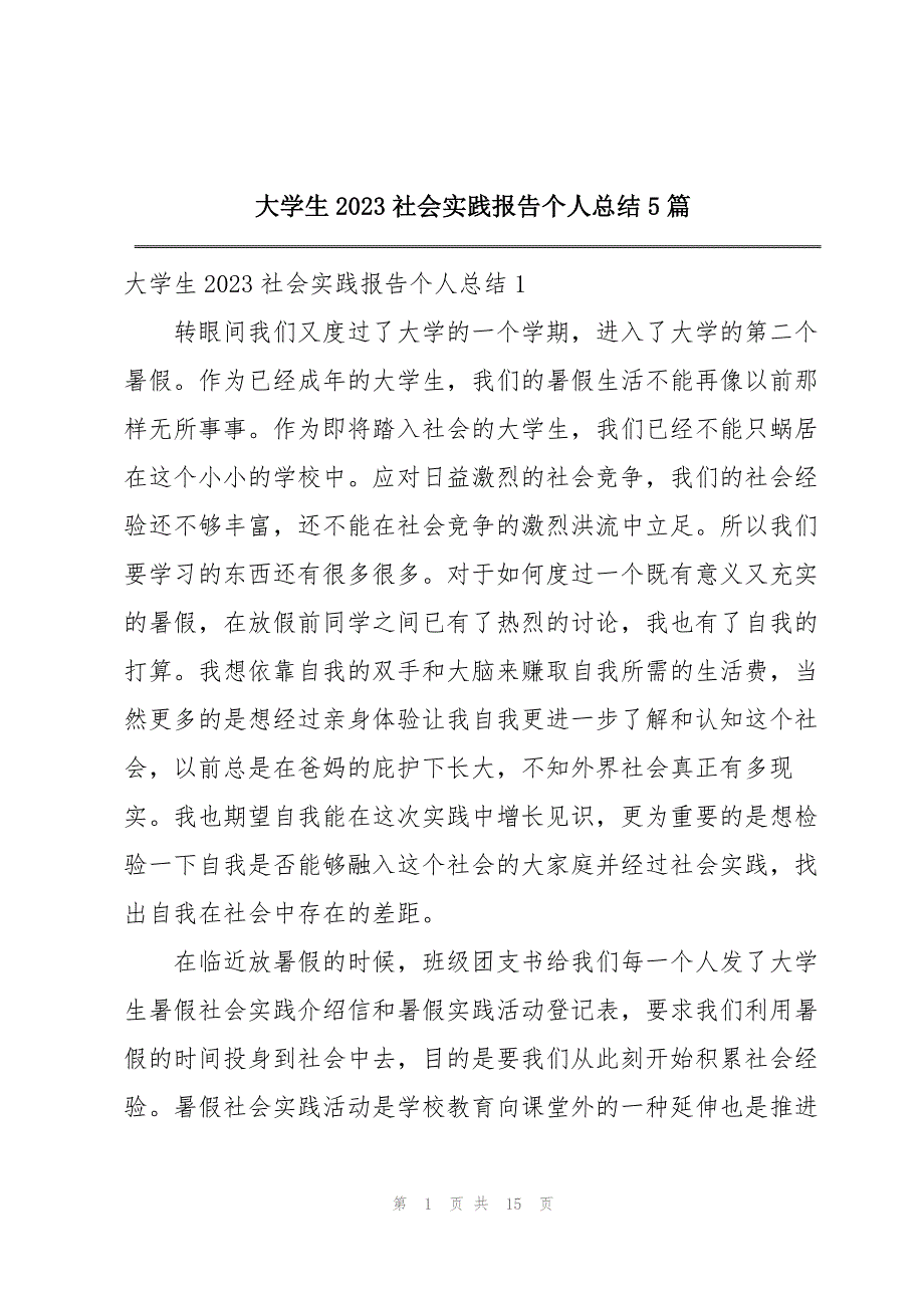 2023年大学生社会实践报告个人总结5篇.docx_第1页