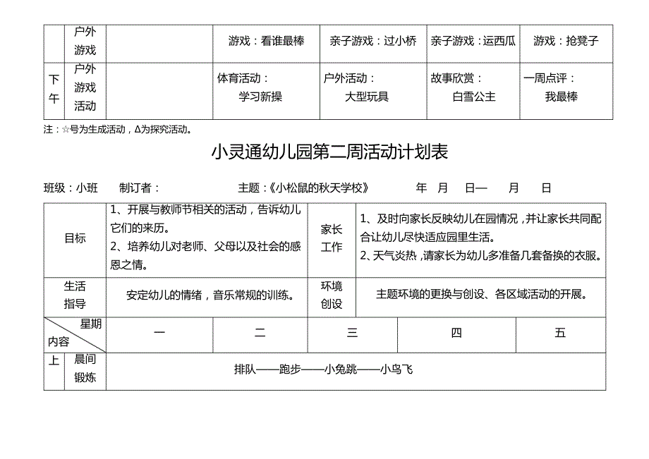 新安幼儿园小班第一周活动计划表_第2页