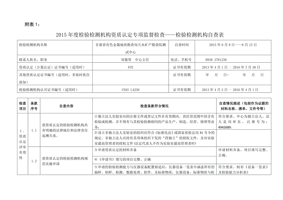 检验检测机构自查表剖析_第1页