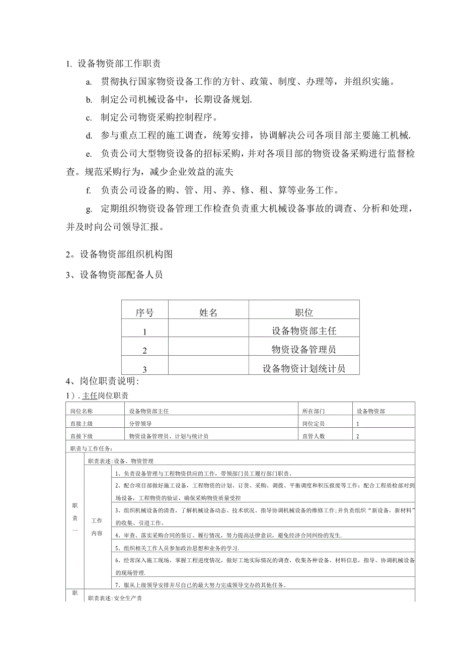 物资设备部门职责及岗位职责.docx_第1页