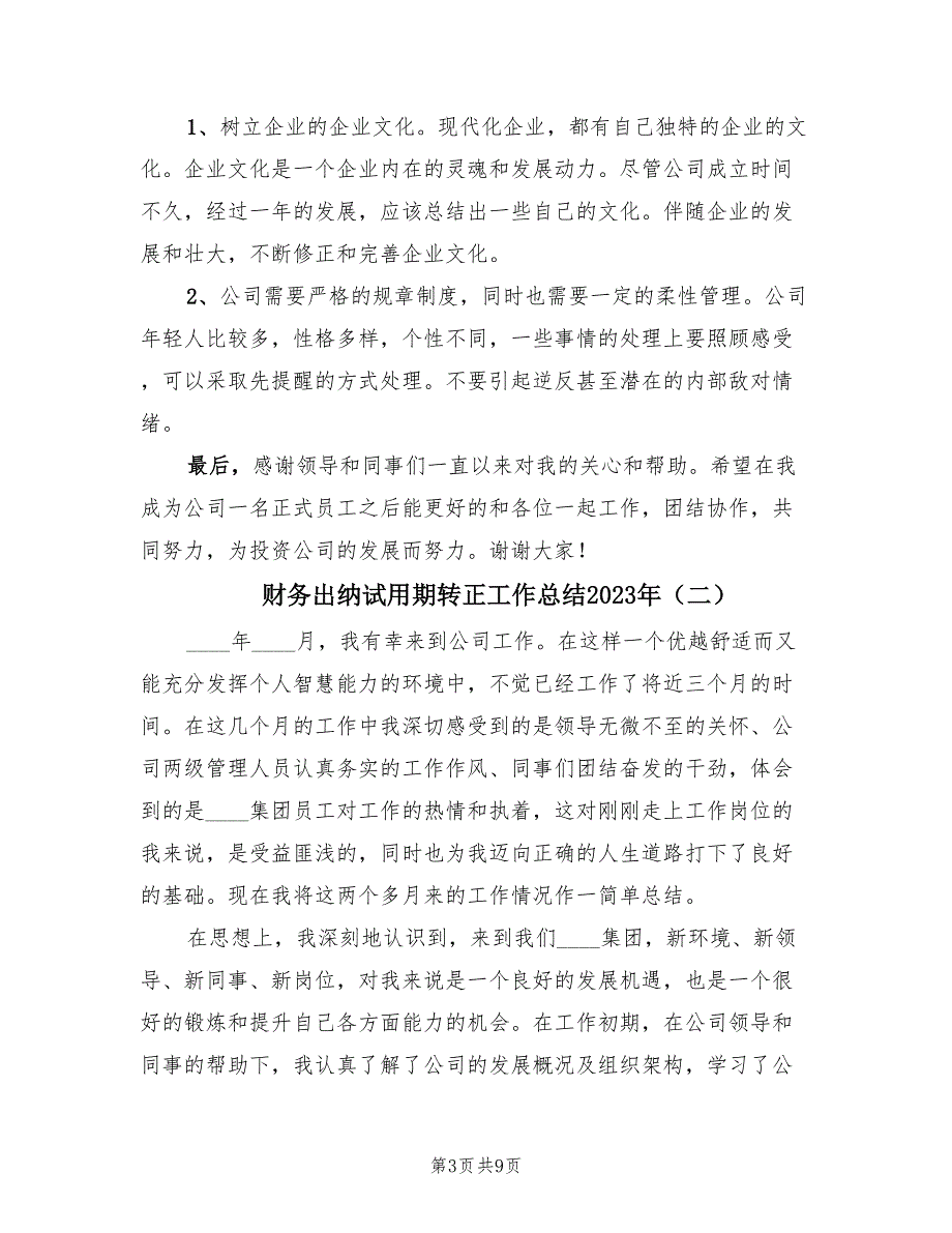 财务出纳试用期转正工作总结2023年（4篇）.doc_第3页