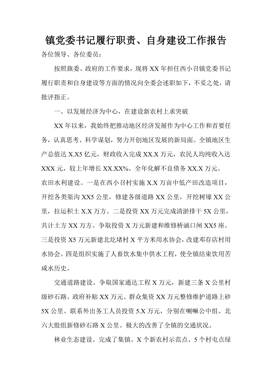 镇党委书记履行职责、自身建设工作报告_第1页