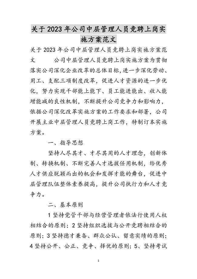 关于2023年公司中层管理人员竞聘上岗实施方案.docx