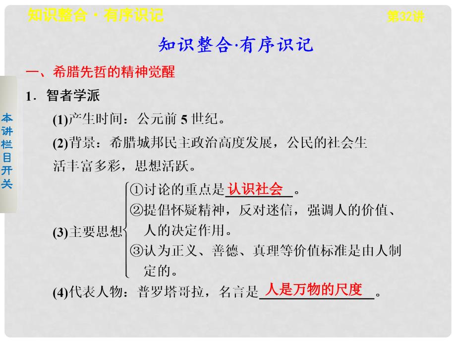 高考历史大一轮复习 第32讲 希腊先哲的精神觉醒与文艺复兴巨匠的人文风采课件 岳麓版选修1_第2页