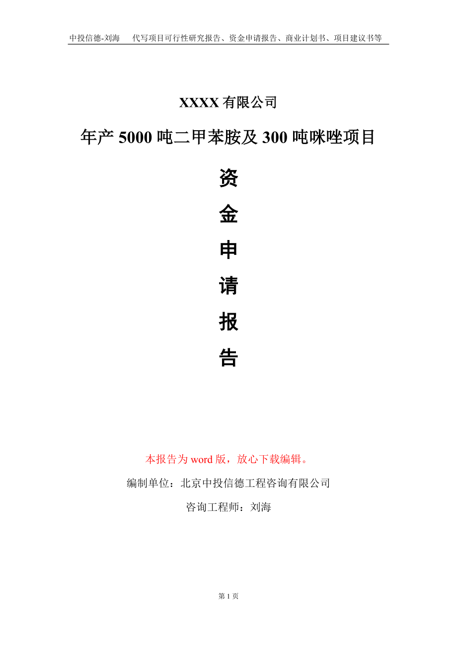 年产5000吨二甲苯胺及300吨咪唑项目资金申请报告写作模板_第1页