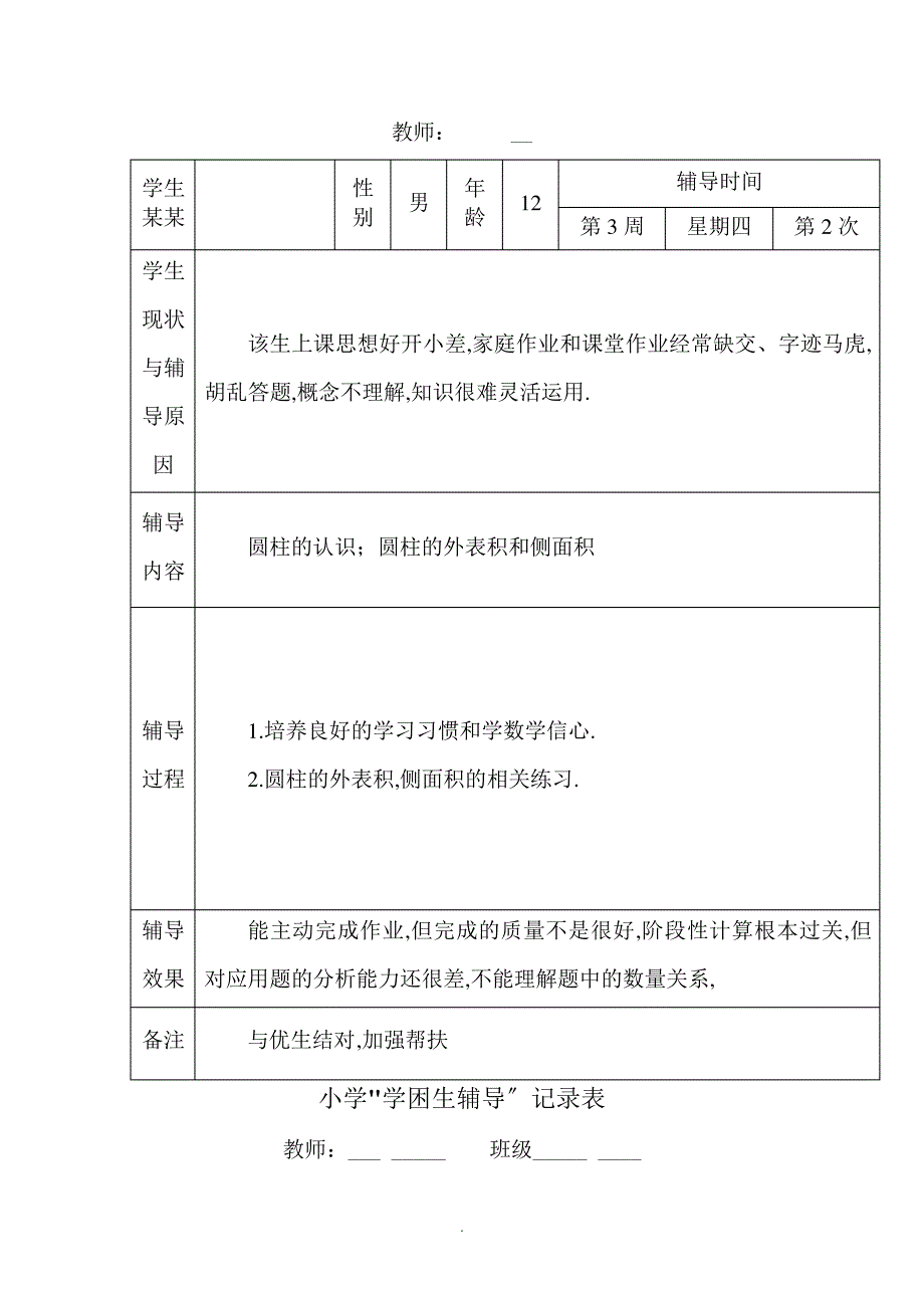 小学的六年级数学学困生辅导记载表_第2页