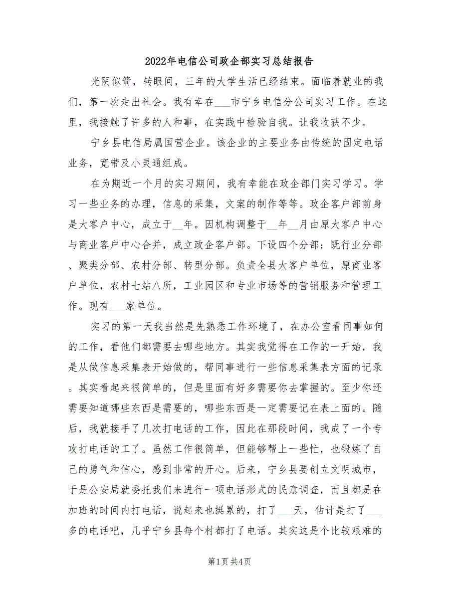 2022年电信公司政企部实习总结报告_第1页