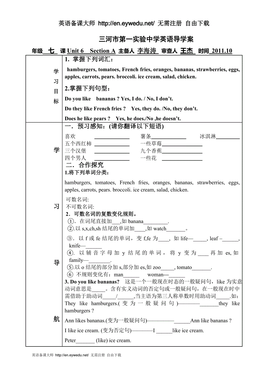 Unit6Doyoulikebananas导学案_第1页