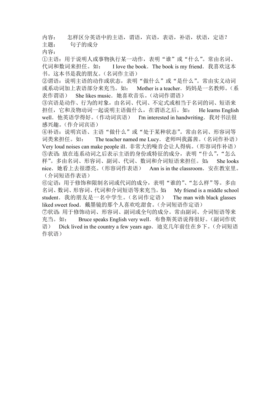 怎样区分英语中的主语谓语宾语表语补语状语定语_第1页