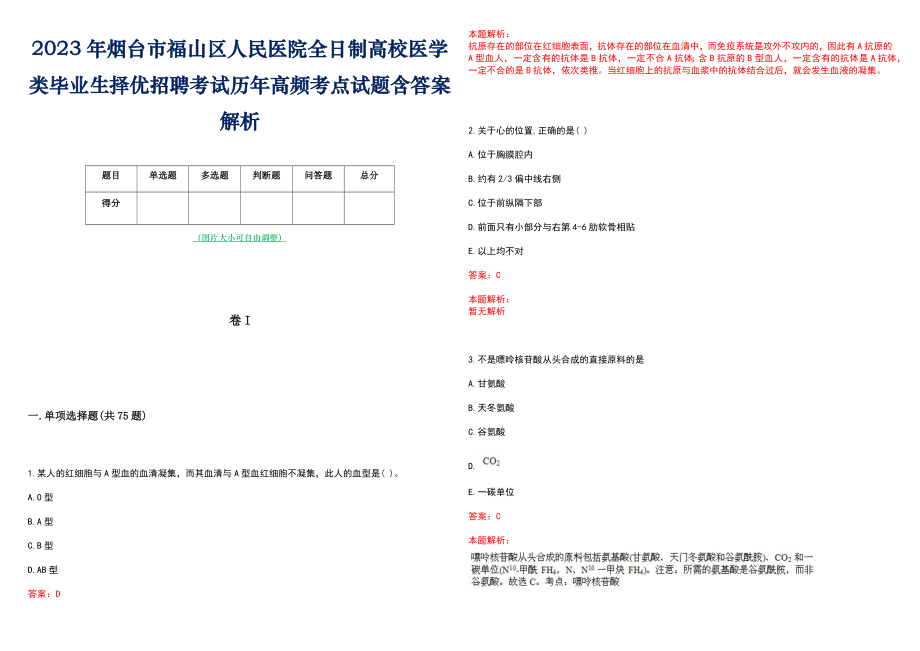 2023年烟台市福山区人民医院全日制高校医学类毕业生择优招聘考试历年高频考点试题含答案解析_第1页