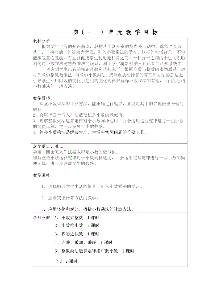 人教版五年级数学上册教学计划单元教学计划_第4页