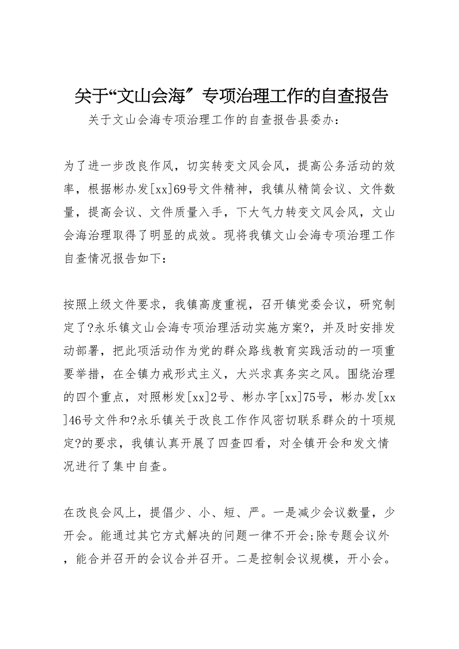 关于2023年“文山会海”专项治理工作的自查报告 .doc_第1页