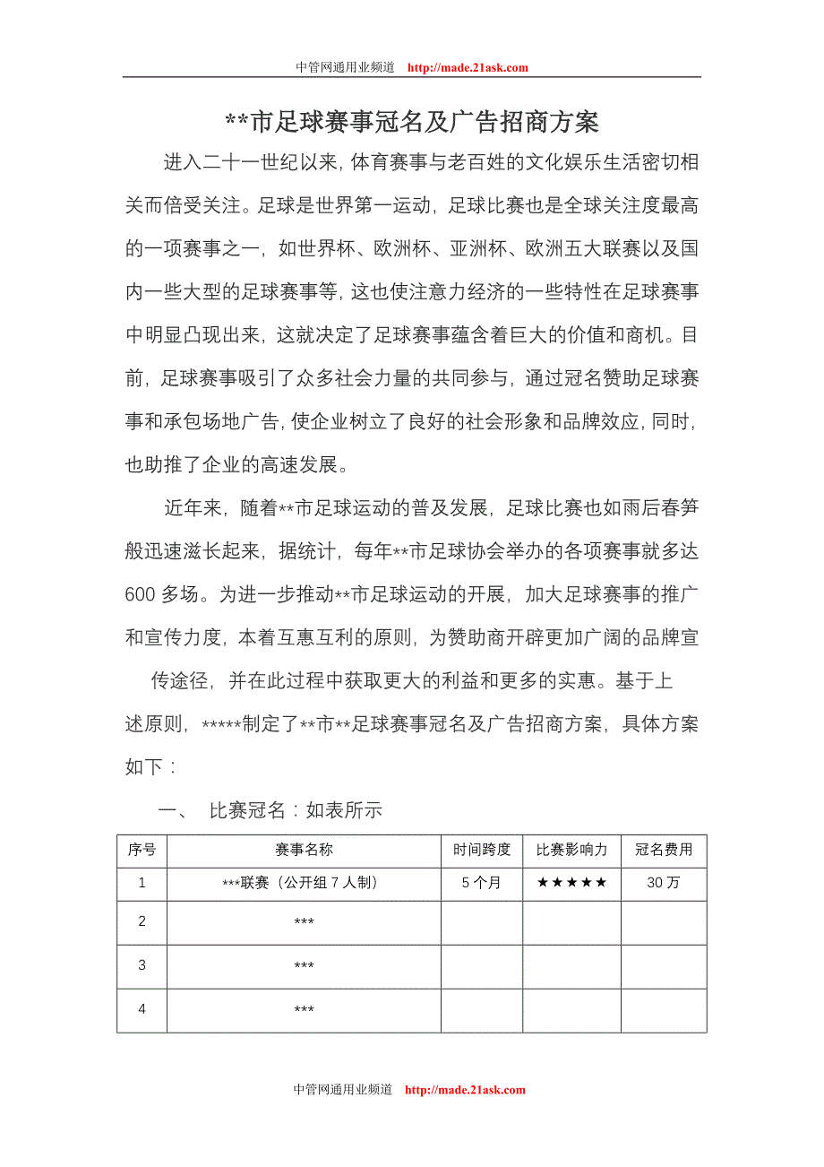 某市足球赛事冠名及广告招商_第1页