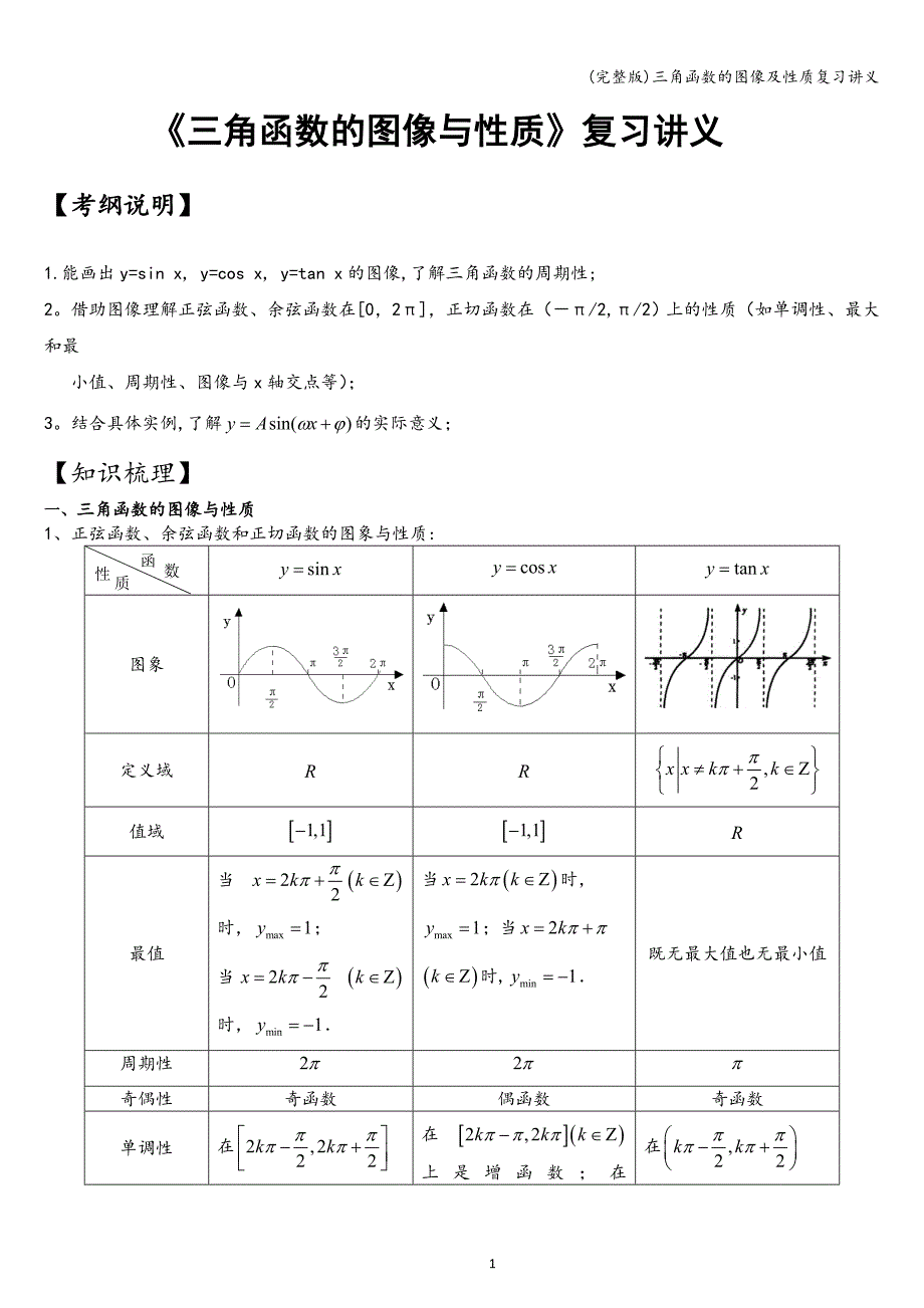 (完整版)三角函数的图像及性质复习讲义.doc_第1页