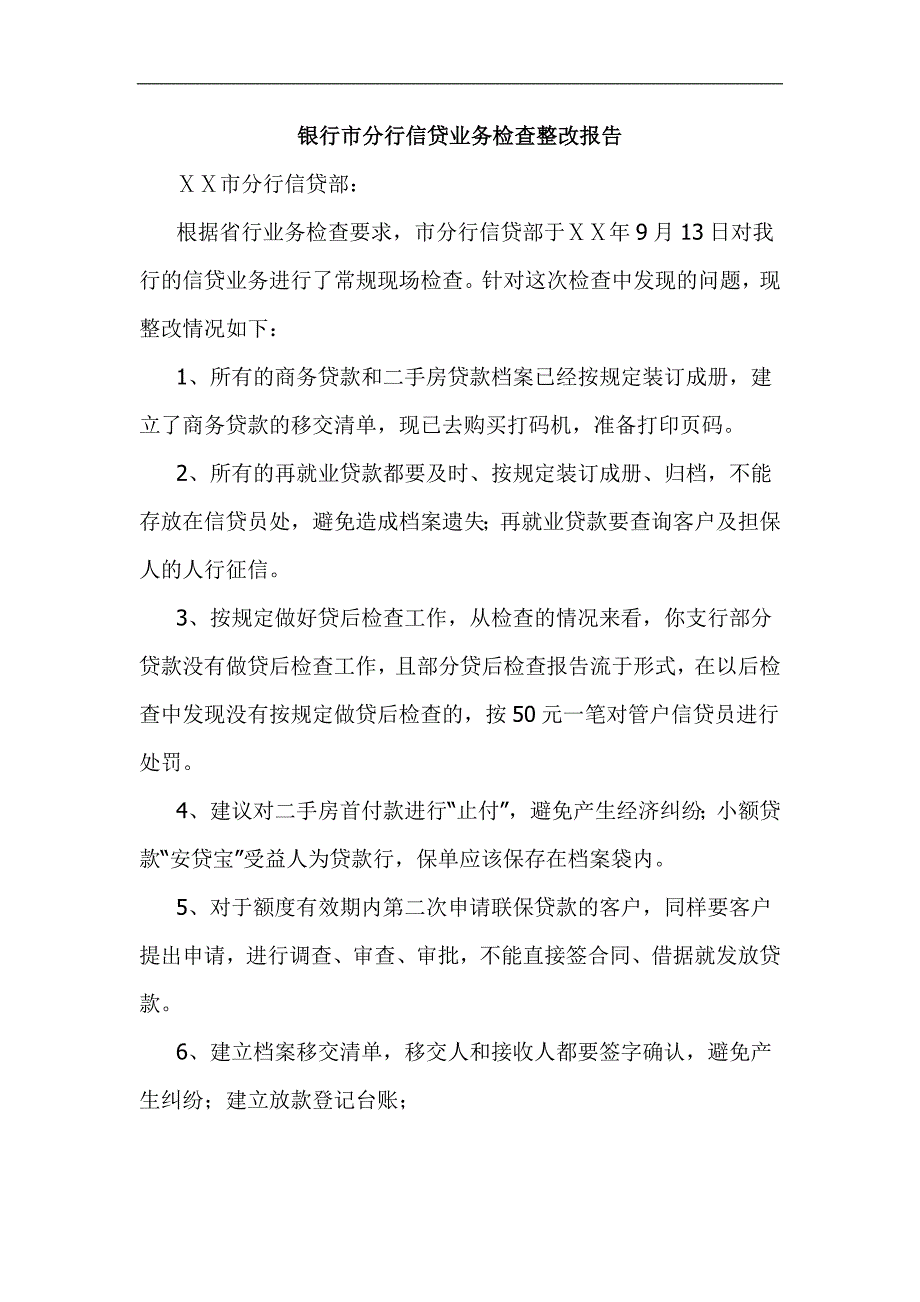 银行市分行信贷业务检查整改报告_第1页