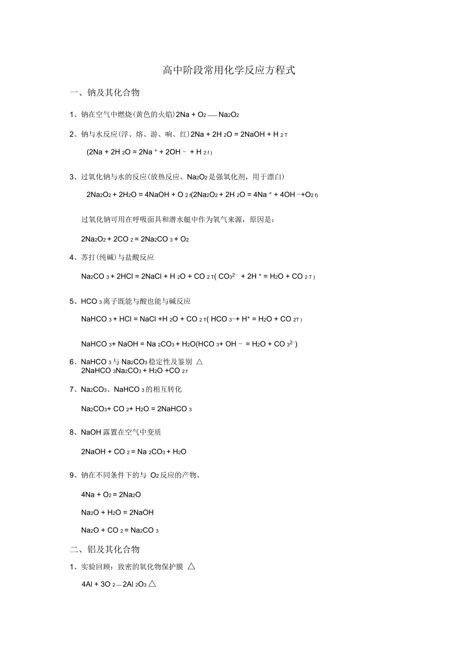 高中阶段常用化学反应方程式_第1页