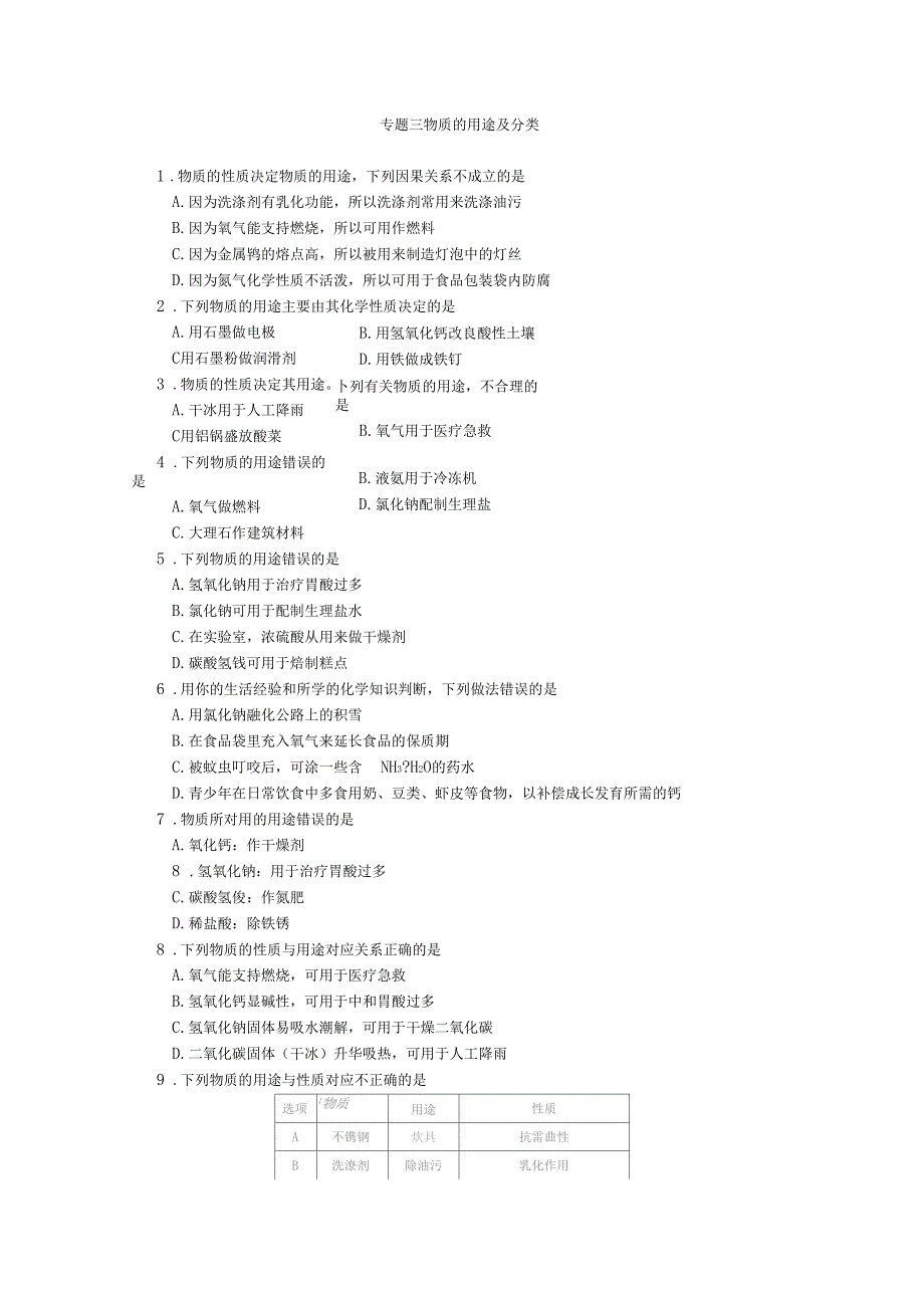 初三化学中考专题物质的用途及分类练习及答案_第1页