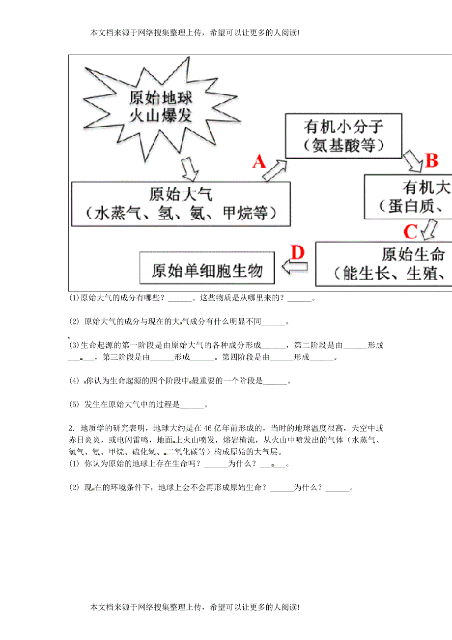 河南省永城市八年级生物下册 7.3.1《地球上生命的起源》综合训练（无答案）（新版）新人教版_第2页