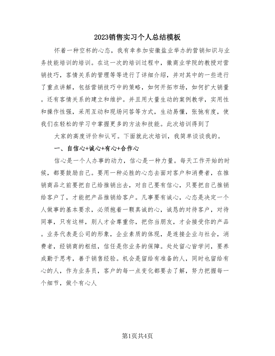 2023销售实习个人总结模板（2篇）.doc_第1页