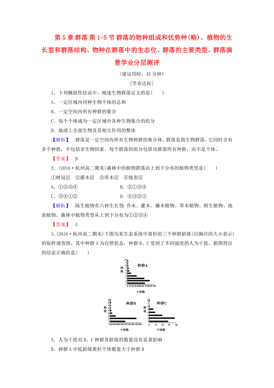 高中生物 第5章 群落 第1-5节 群落的物种组成和优势种(略)、植物的生长型和群落结构、物种在群落中的生态位、群落的主要类型、群落演替学业分层测评 浙科版必修3_第1页