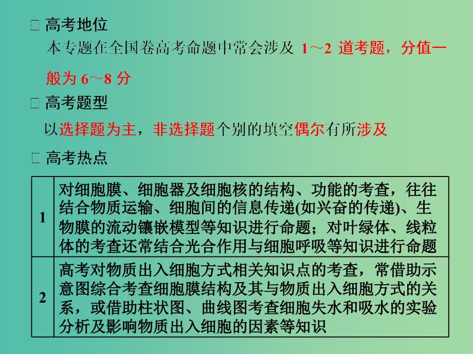 2019高考生物二轮复习 专题一 细胞 第1讲 细胞的物质基础、结构与功能、物质运输 第Ⅱ课时 高考研究——教师为主导 锁定高考范围备考更高效课件.ppt_第3页