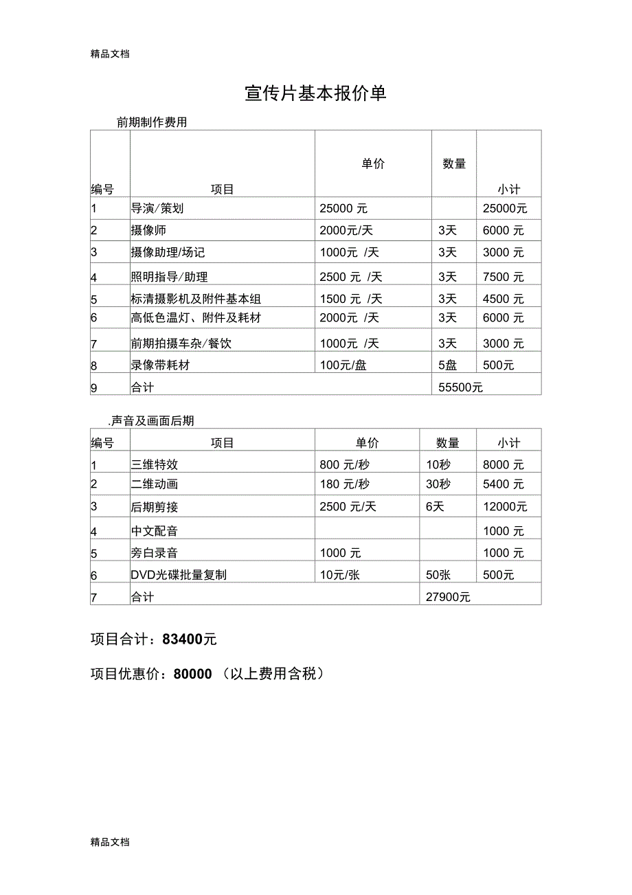 宣传片拍摄报价单复习课程_第1页