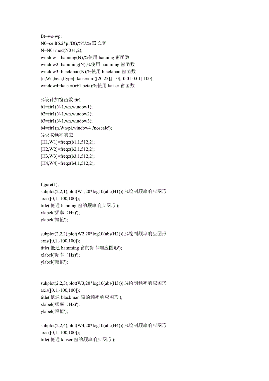 MATLAB窗函数法实现FIR的高通-带通和低通滤波器的程序要点(共20页)_第4页