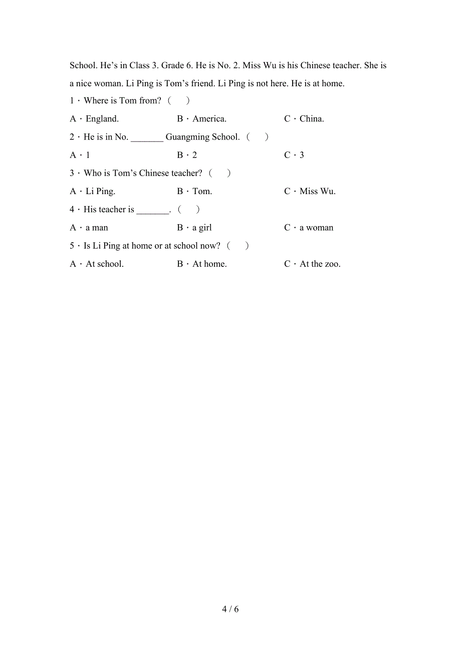 小学六年级英语上册期中测试卷及参考答案.doc_第4页