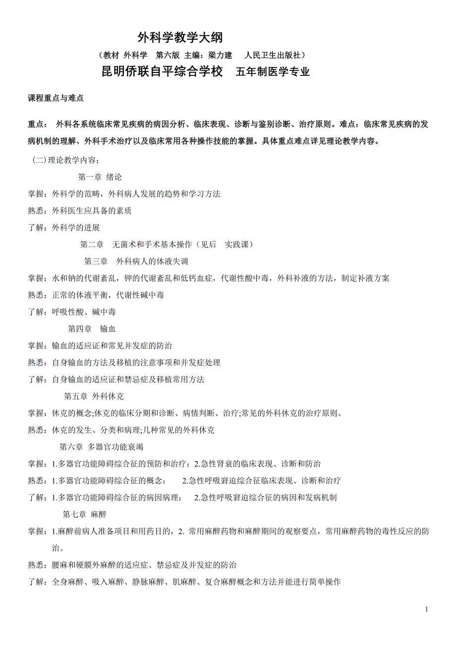 五年制临床医学 外科学大纲.doc_第1页