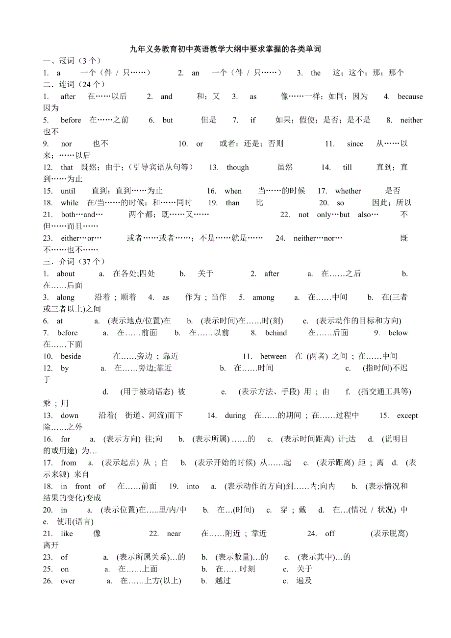 初中英语教学大纲中要求掌握的各类单词(按词性分类)_第1页