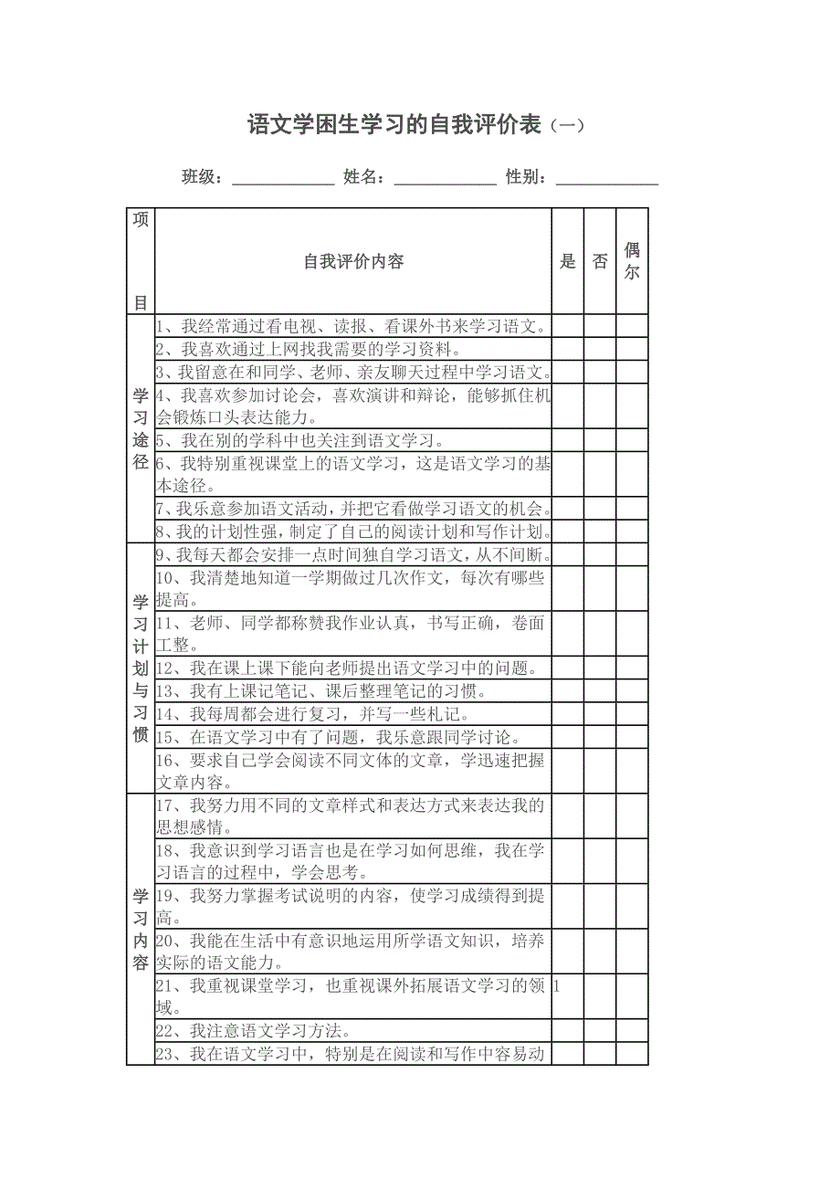 语文学习的自我评价表_第1页