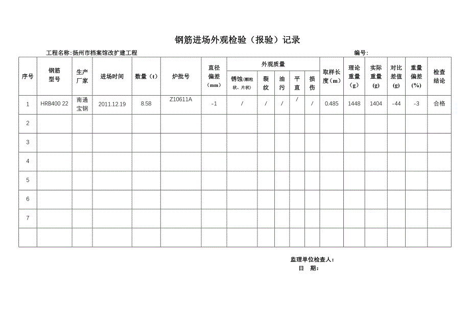 江苏某档案馆改扩建工程钢筋进场外观检验记录表_第3页