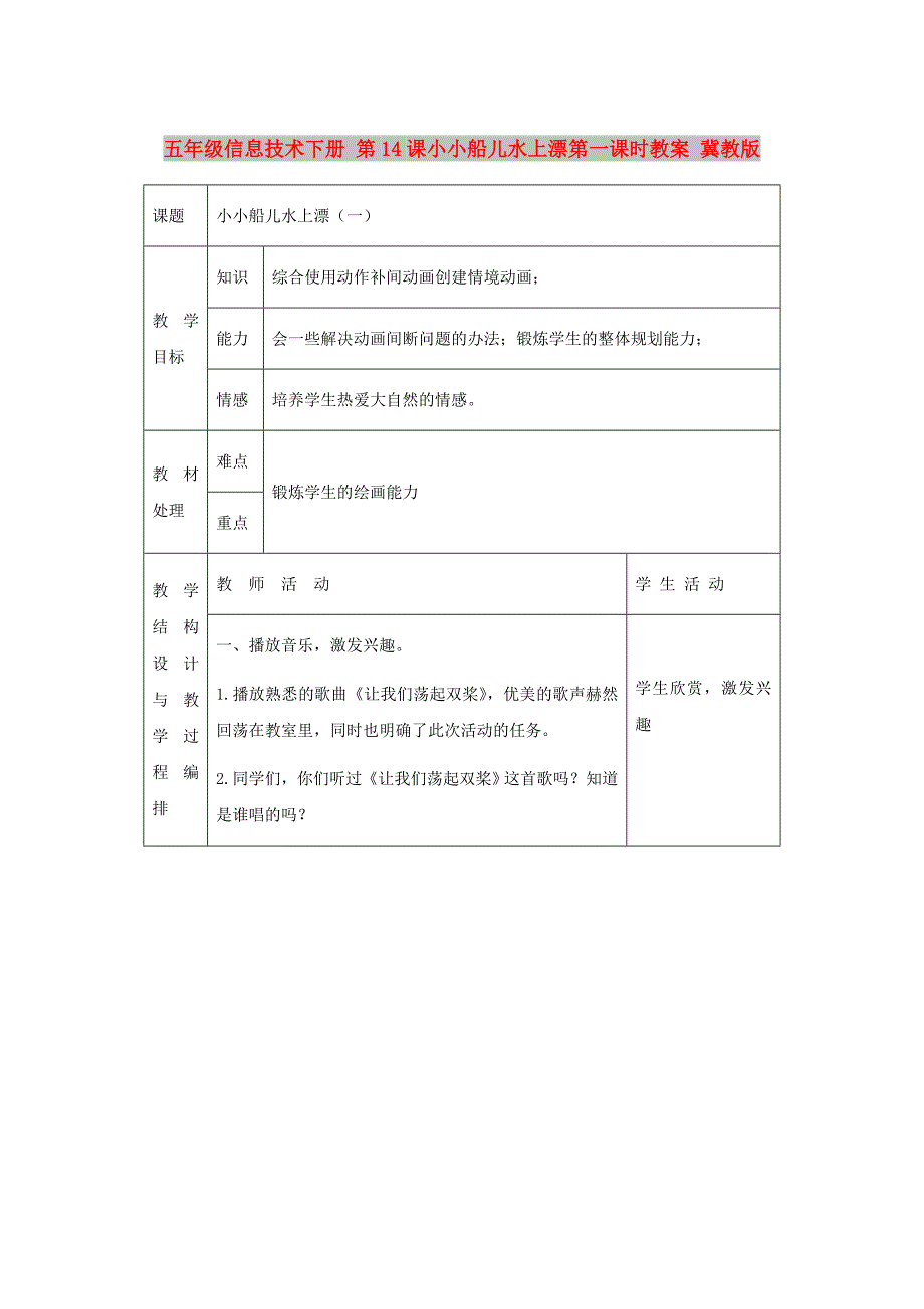 五年级信息技术下册 第14课小小船儿水上漂第一课时教案 冀教版_第1页