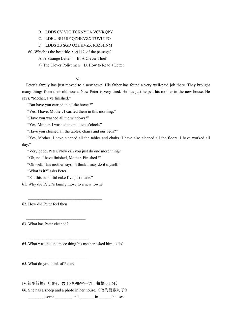 七年级下英语竞赛辅导作业(unit1-6)_第5页