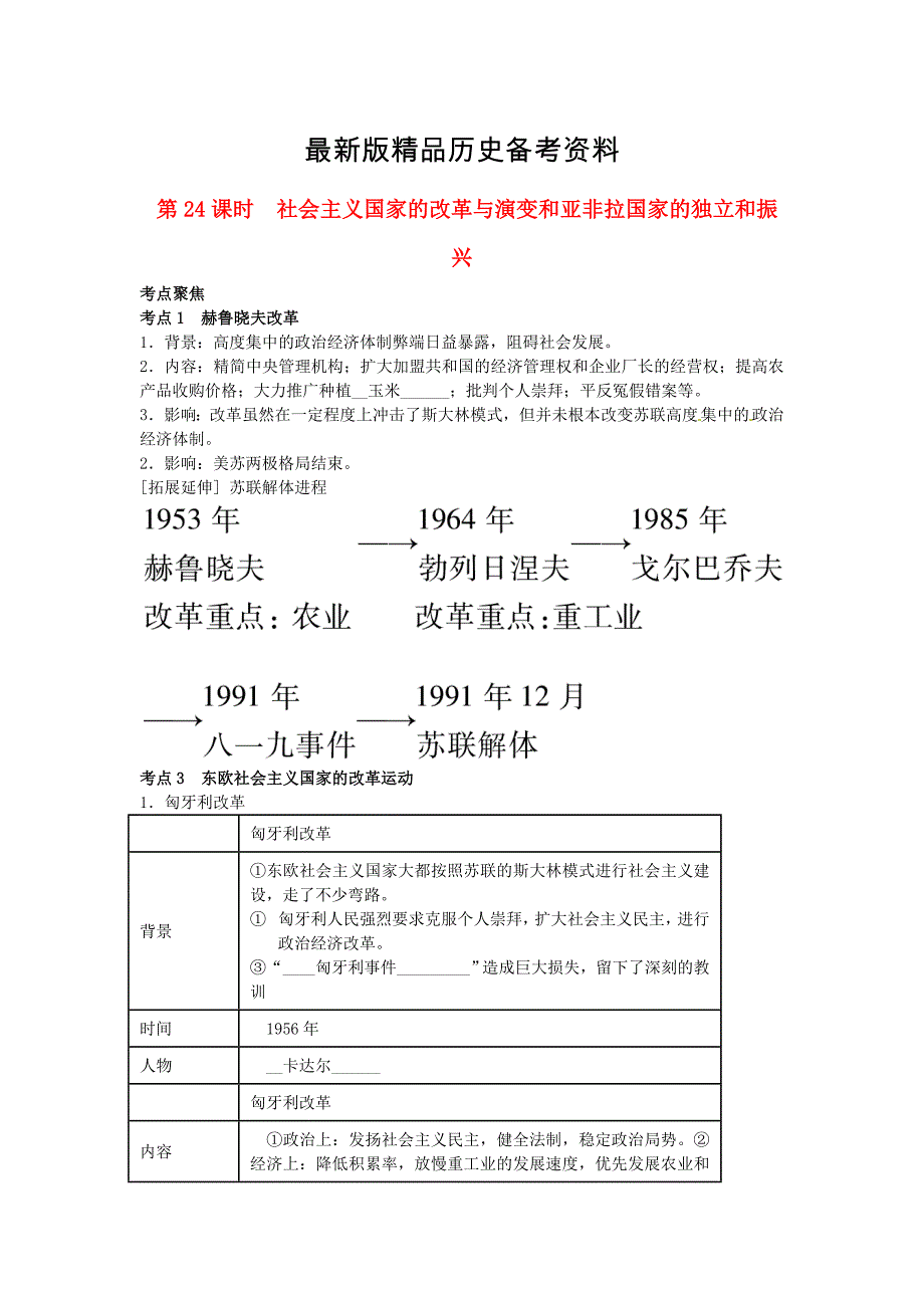 【最新】中考历史专题：第24课时社会主义国家的改革与演变和亚非拉国家的独立和振兴_第1页